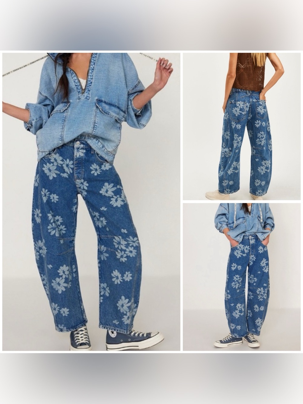 NWT Free People We The Free Good Luck Printed Barrel Jeans - laser Daisy - 33